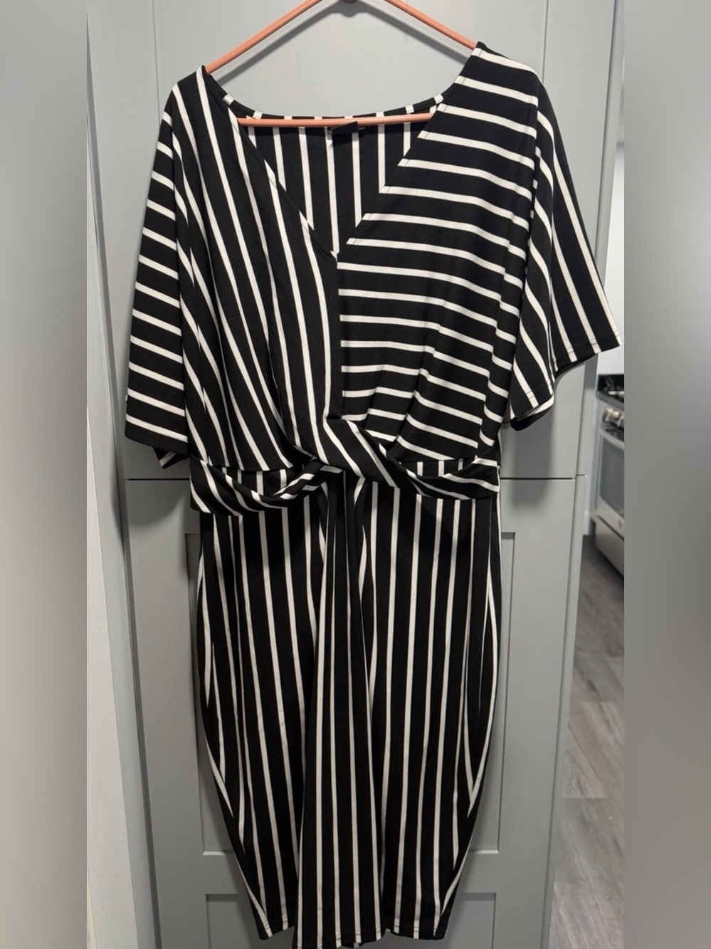 Black & White  striped City Chic twist-front surplice dress, Size 18.